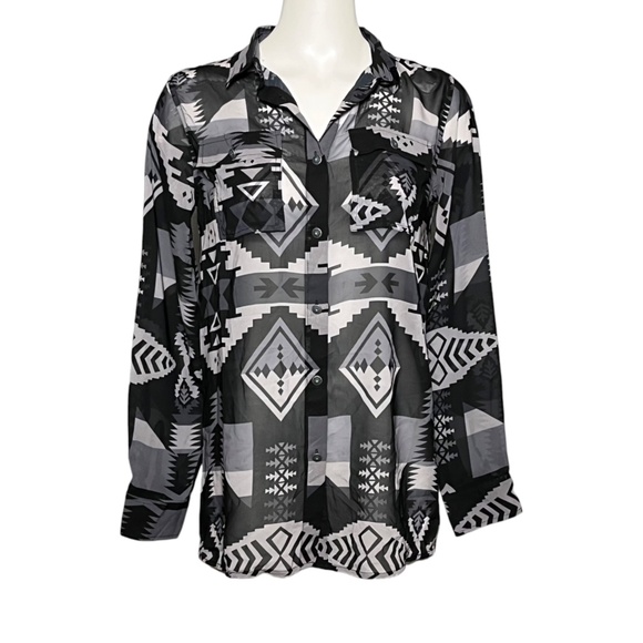 Tasha Polizzi McKenzie Aztec Button Down Shirt Small Black Sheer Western Cowboy - Picture 1 of 9
